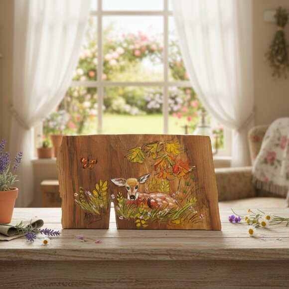Hand-Painted Wood Art, Original Deer Fawn Painting, Rustic Cottagecore Decor - Picture 1 of 11
